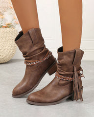 Braided straps tassel mid-calf boots