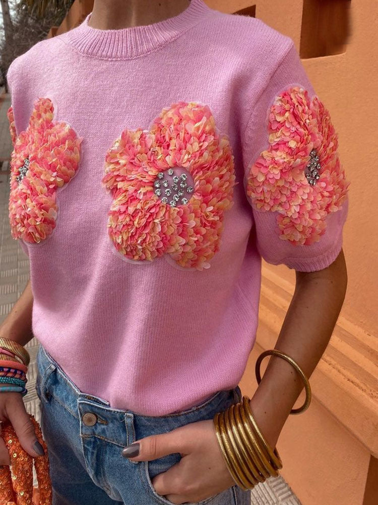 3D Patch Rhinestone Floral Short Sleeve Knit Top