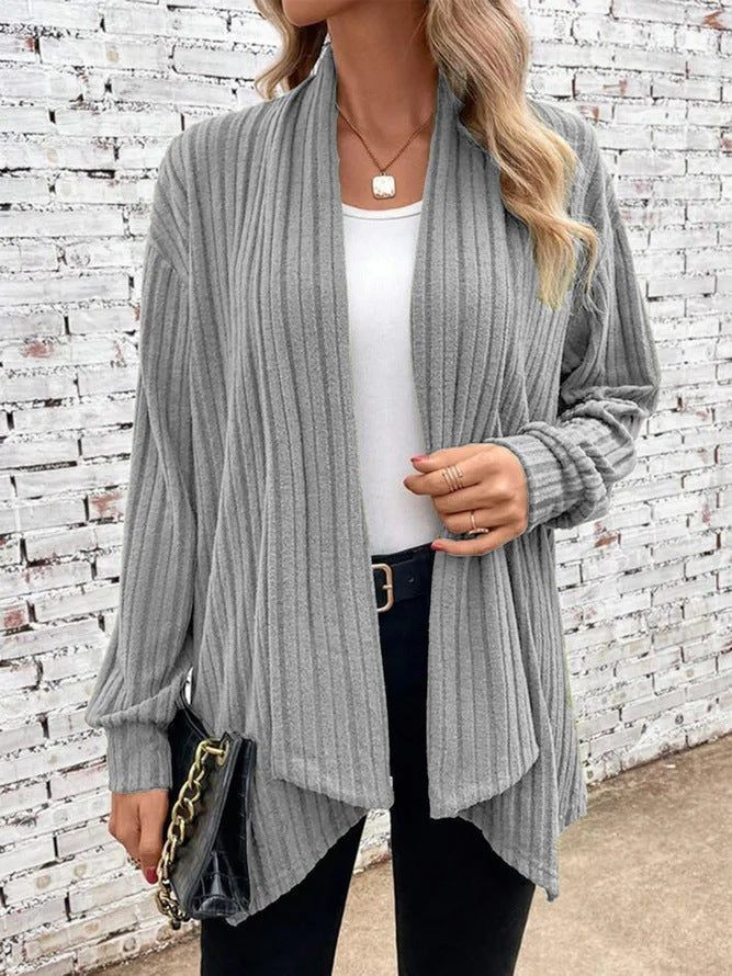 Irregular neckline ribbed knitted cardigan