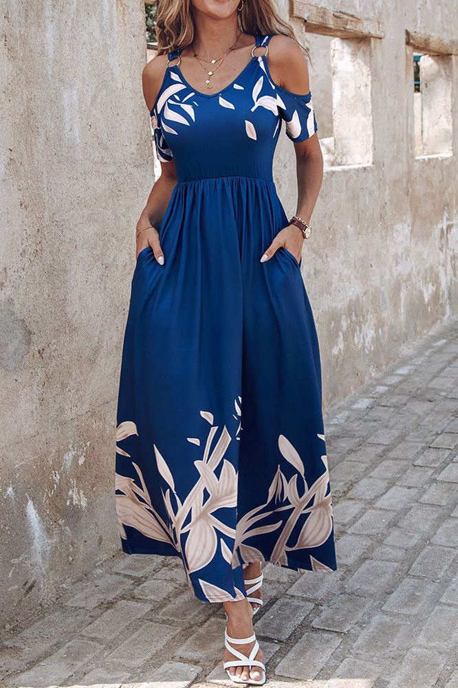 Blue Off-shoulder Floral Print Cinched Waist Maxi Dress