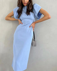 Blue waisted round neck puff sleeve dress