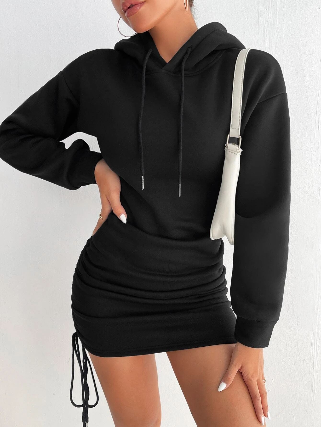 Hooded Drawstring Ruched Sweatshirt Dress