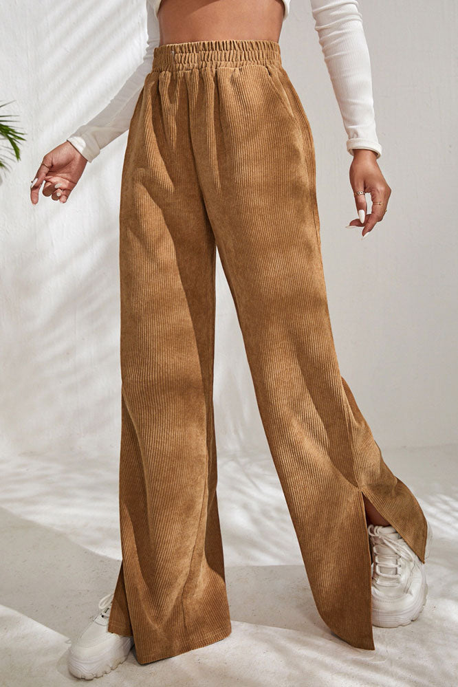 High Waist Solid Corduroy Panel Slit Hem Pants