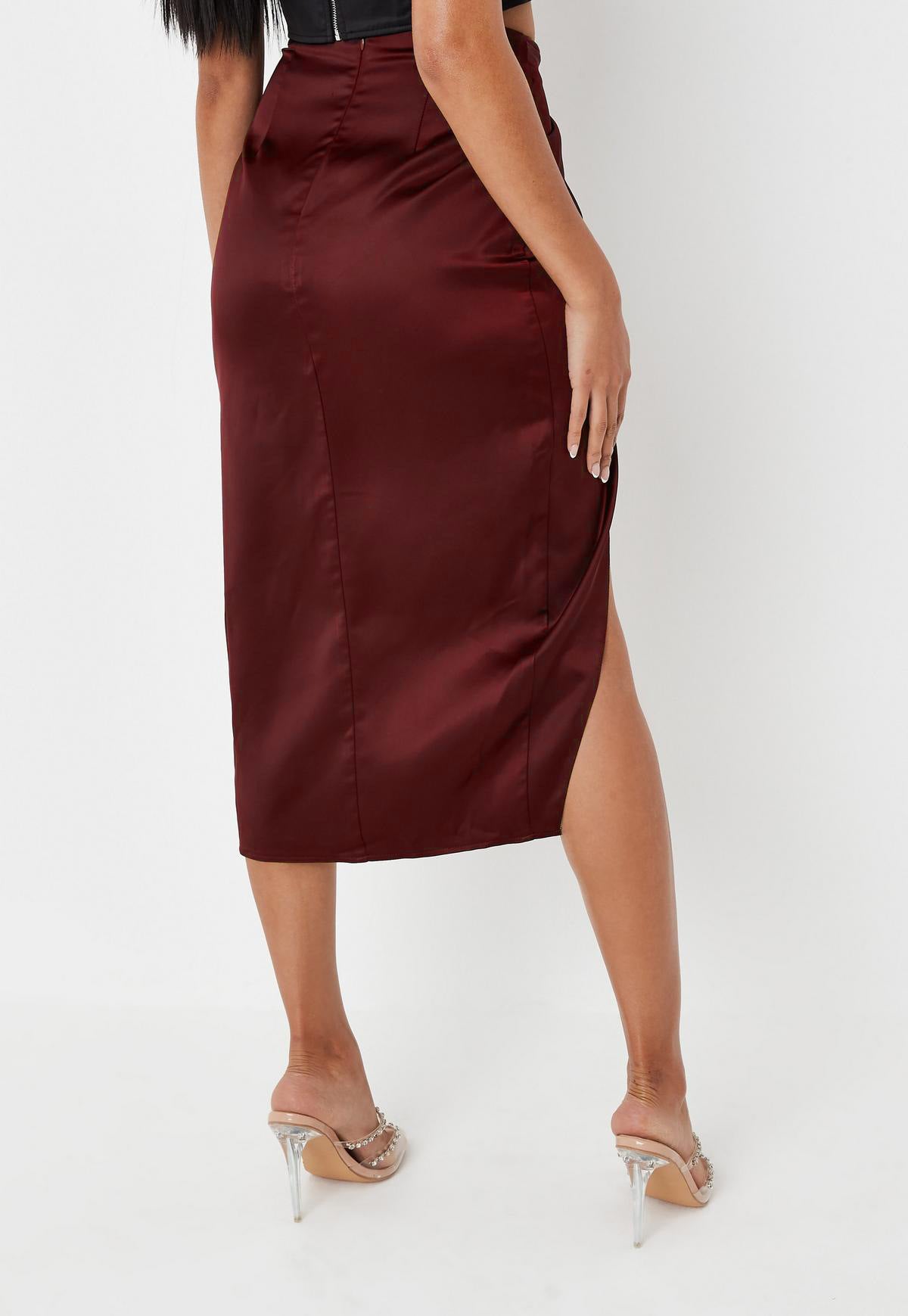 High Waist Irregular Solid Satin Slit Skirt