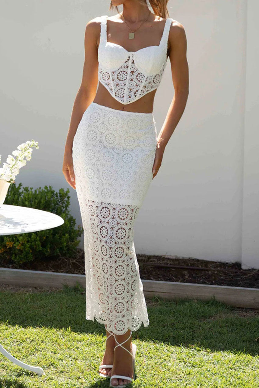 Lace Trimmed Hollow Out Sleeveless Halter Dress Set