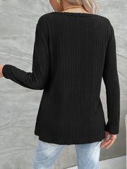 Black crew neck slanted button knit top