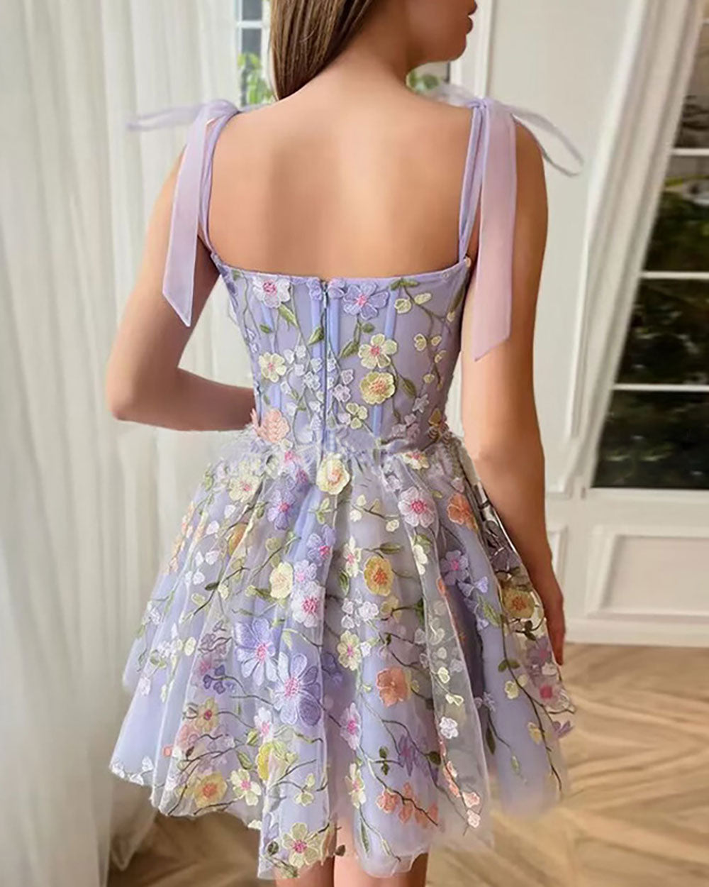 3D Flower Embroidered Lace Sling Dress