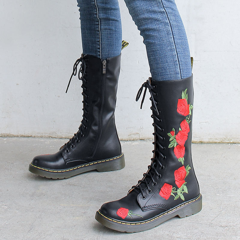 Lace-up embroidered mid-calf boots