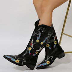 Hummingbird embroidered block heel mid-calf boots