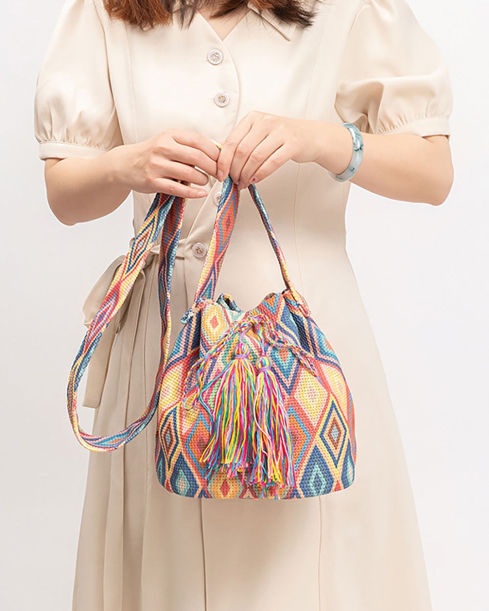 Bohemian printed fringed canvas bucket bag