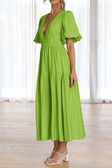 Lantern Sleeve V-neck Cinched Waist Midi Dress