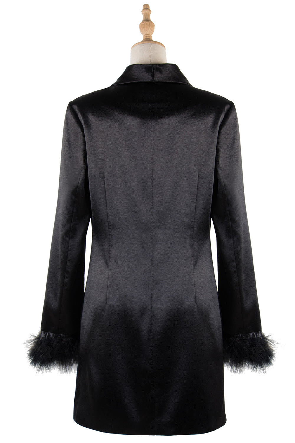 Black Double Breasted Fur Cuff Satin Suit Dress