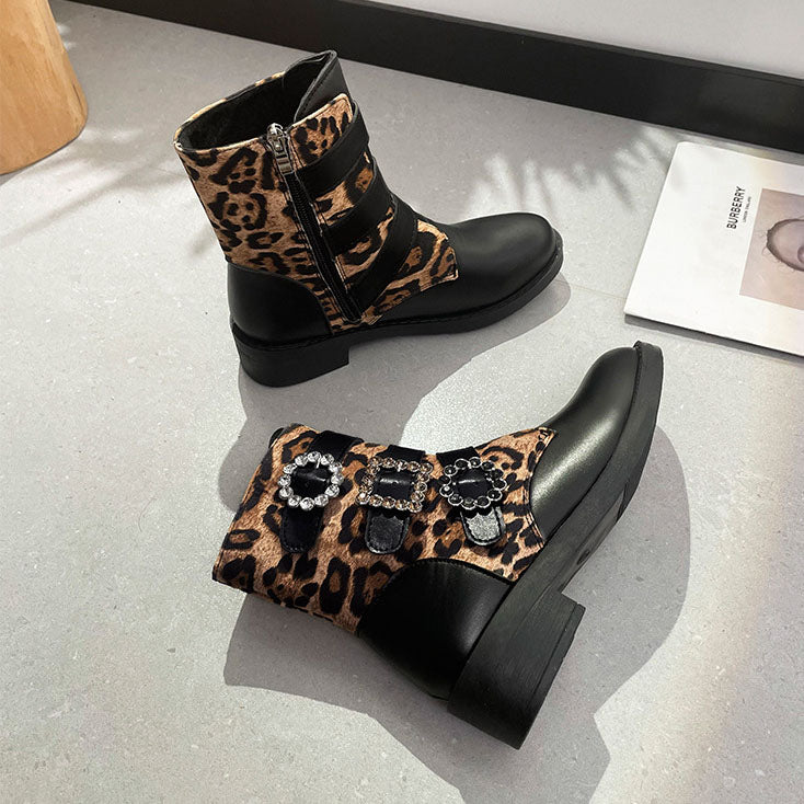 Leopard Belt Buckle Low Heel Round Toe Booties