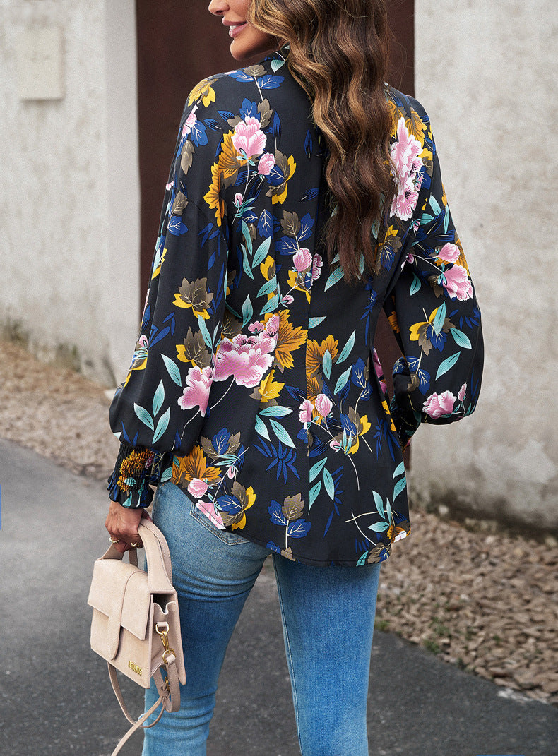 Belted Printed Lantern Sleeve Shirt