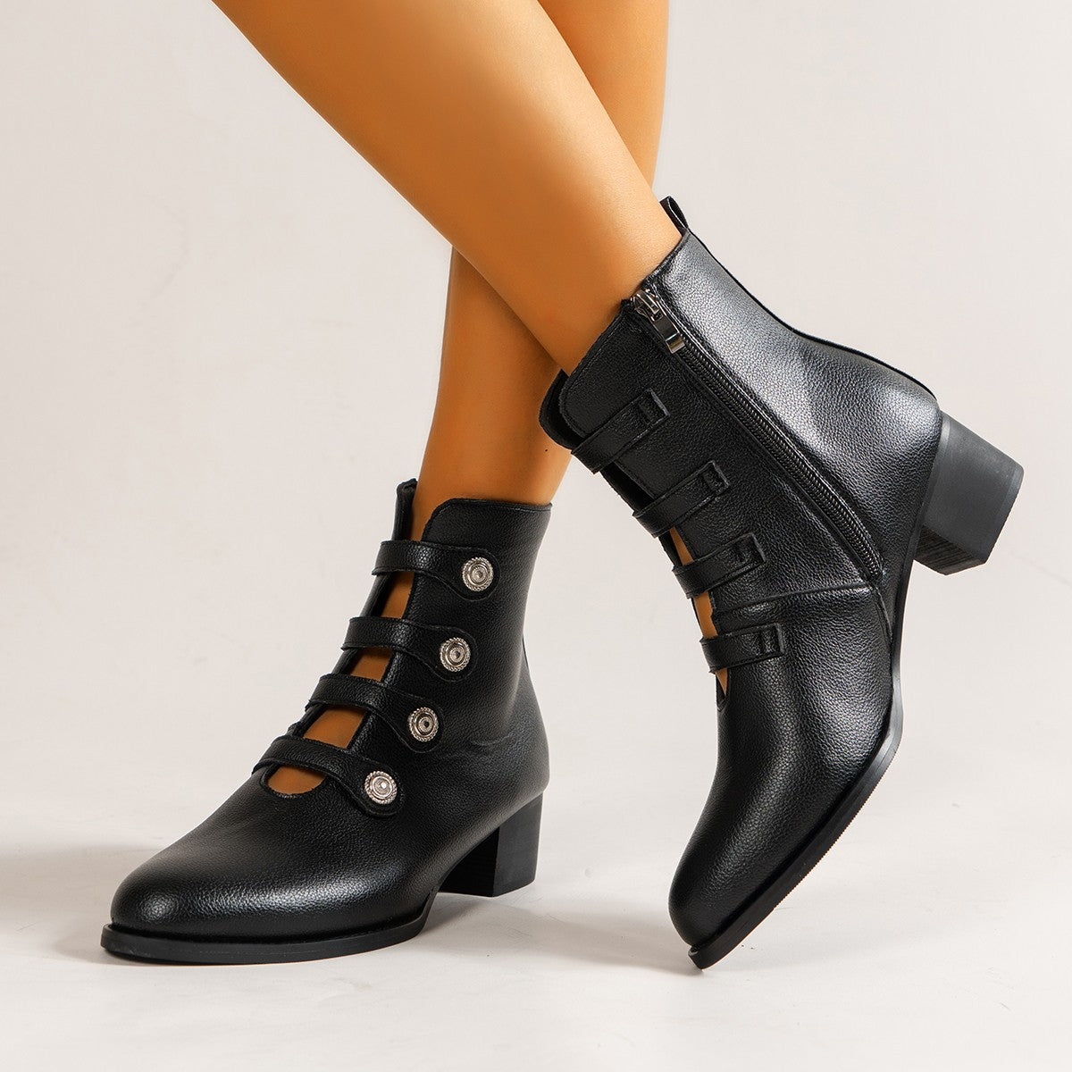 Black Lace Up Cutout Side Zip Booties