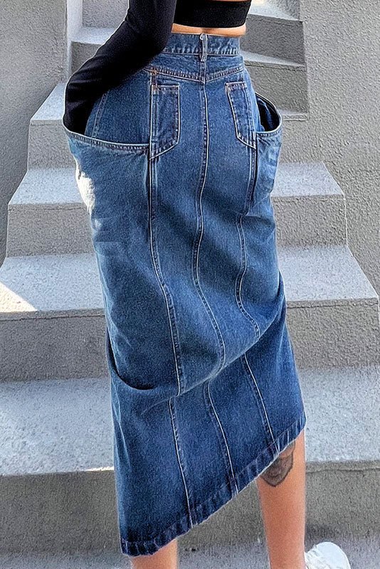 Irregular Large Pocket Small Slit Denim Skirt