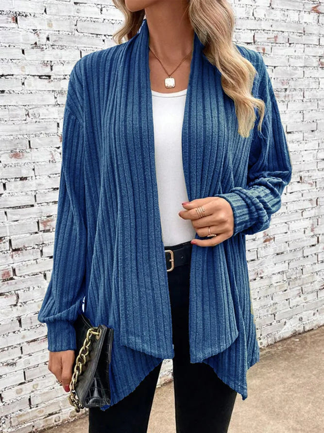 Irregular neckline ribbed knitted cardigan