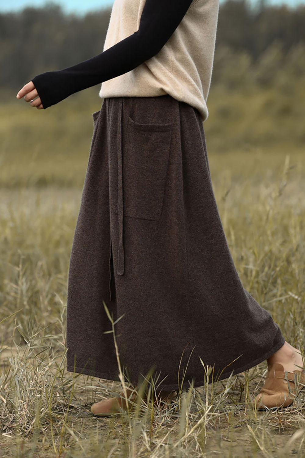 100% Pure Wool High-Waisted Pockets A-line Skirt