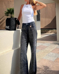 Black Rhinestone Embellished Panel Loose Fit Jeans