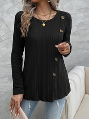 Black crew neck slanted button knit top