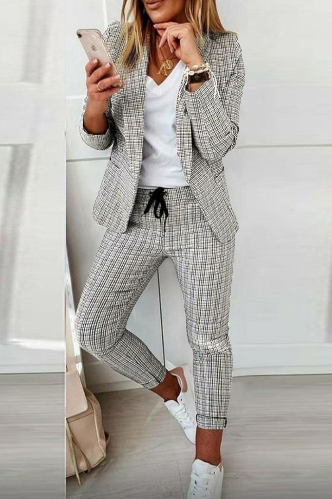 Lapel Neck Plaid Blazer Coat & Drawstring Pants Set