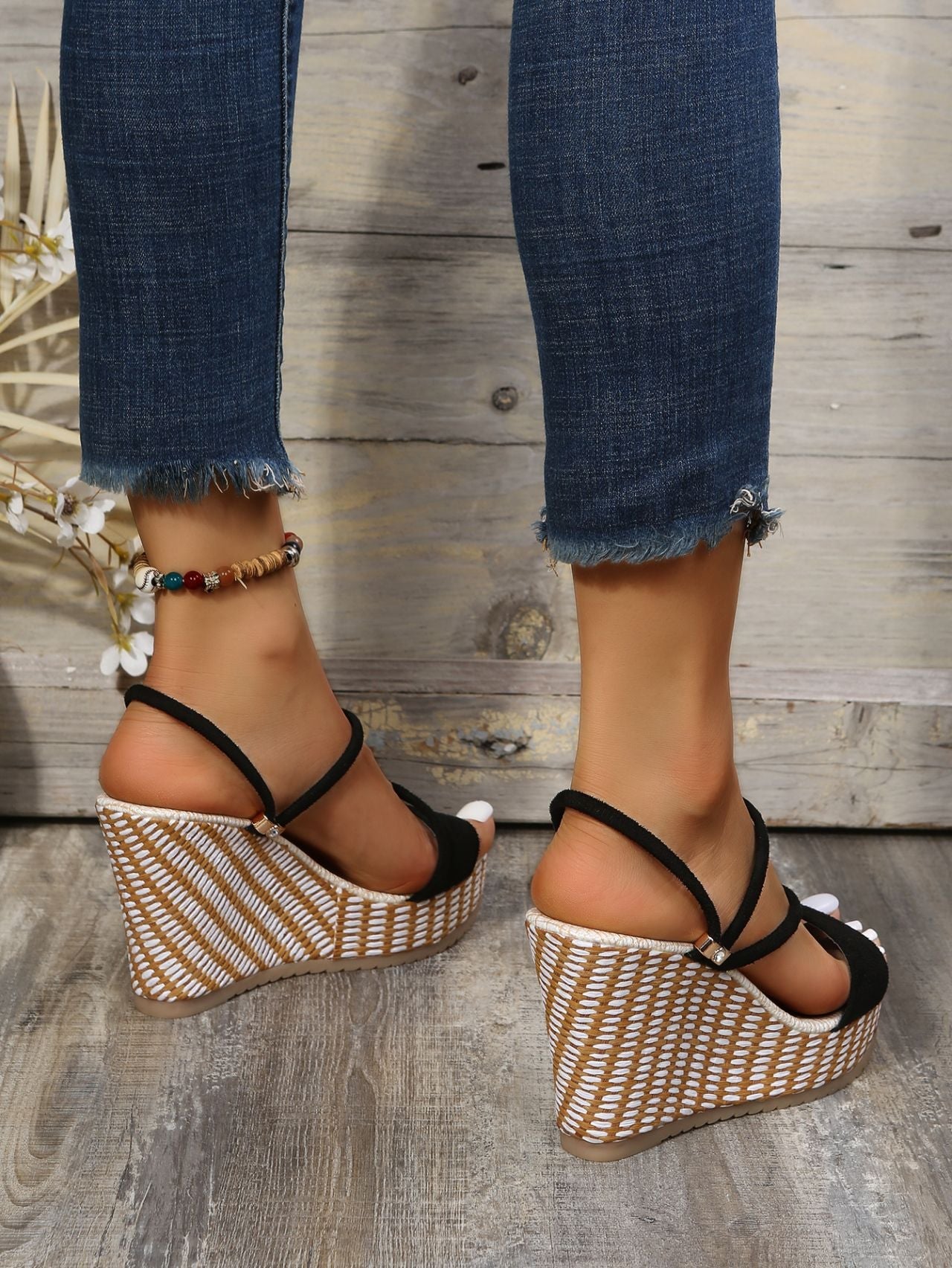 Black strappy wedge platform sandals