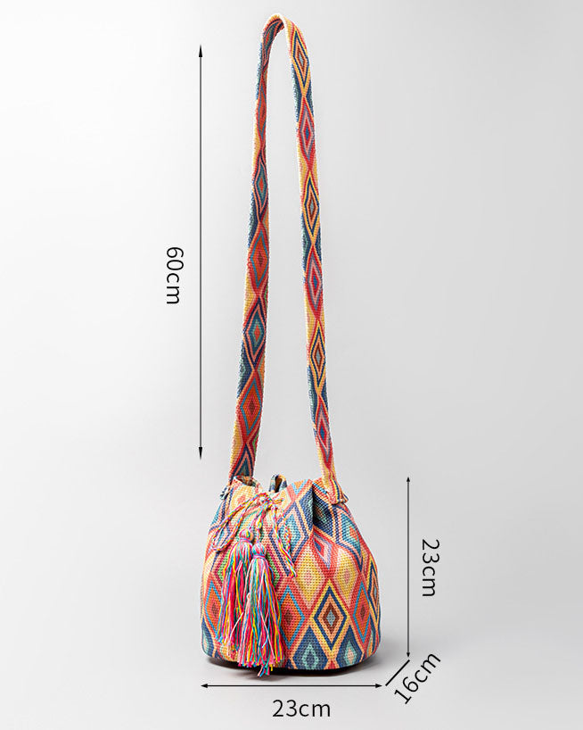 Bohemian printed fringed canvas bucket bag