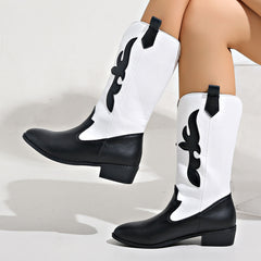 Black and white spliced pointed toe knight boots