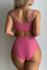 High Waist Plaid  Push Up Ruched Bikini Set