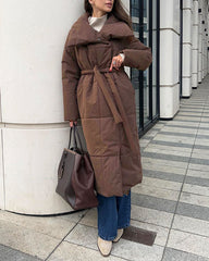 Large lapel tie and belt long cotton coat