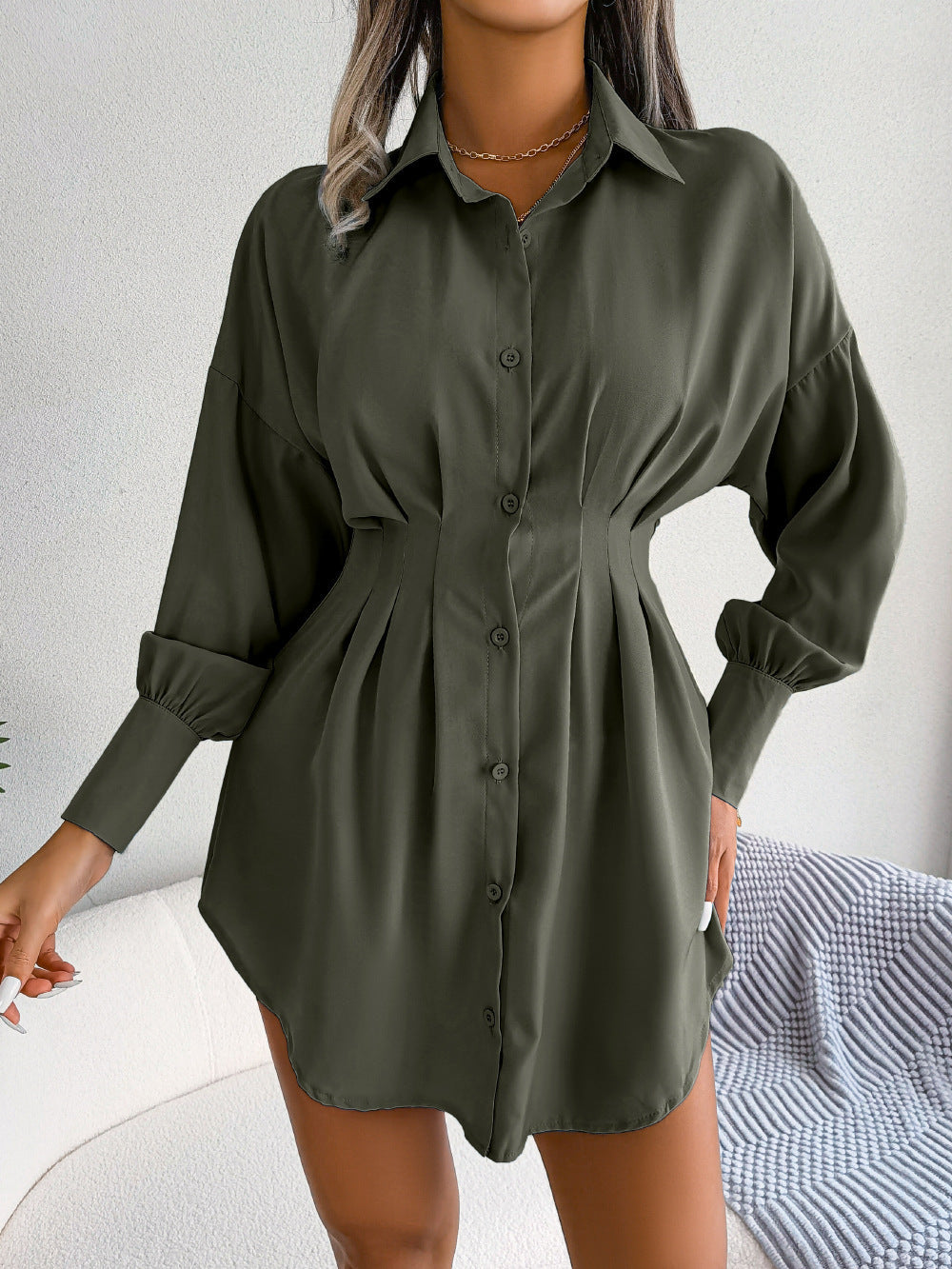 Lantern Sleeve Waisted Asymmetric Shirt Dress