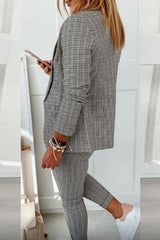 Lapel Neck Plaid Blazer Coat & Drawstring Pants Set