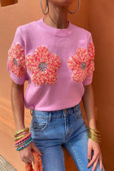 3D Patch Rhinestone Floral Short Sleeve Knit Top