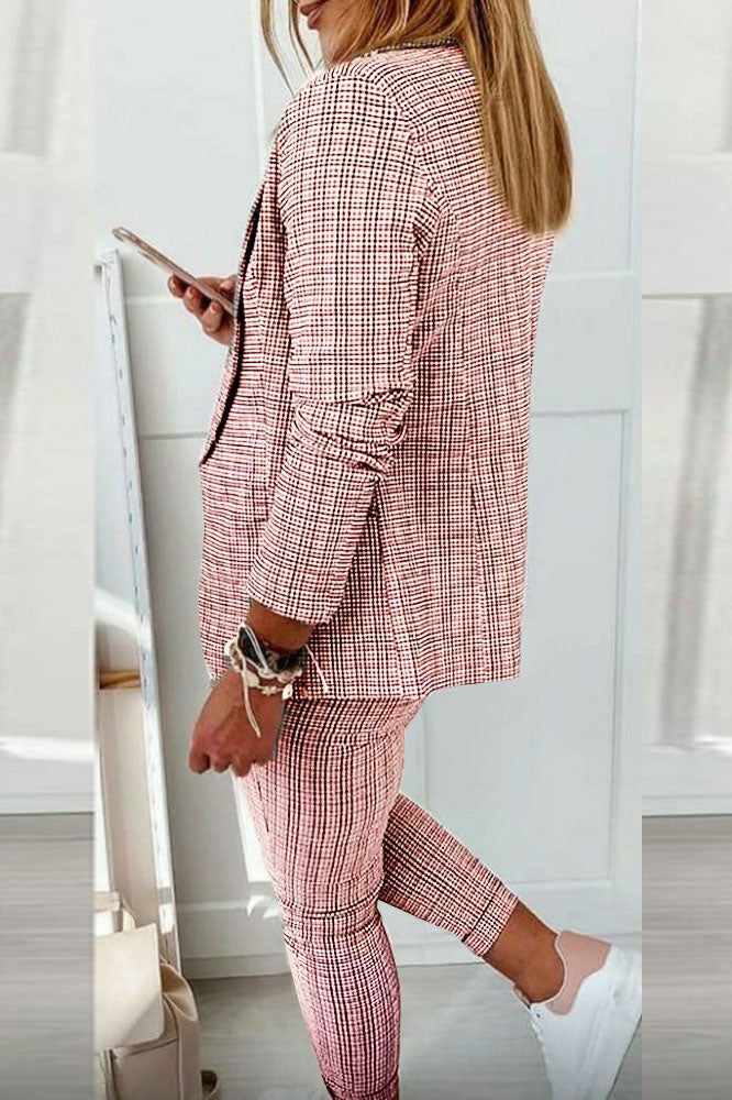 Lapel Neck Plaid Blazer Coat & Drawstring Pants Set