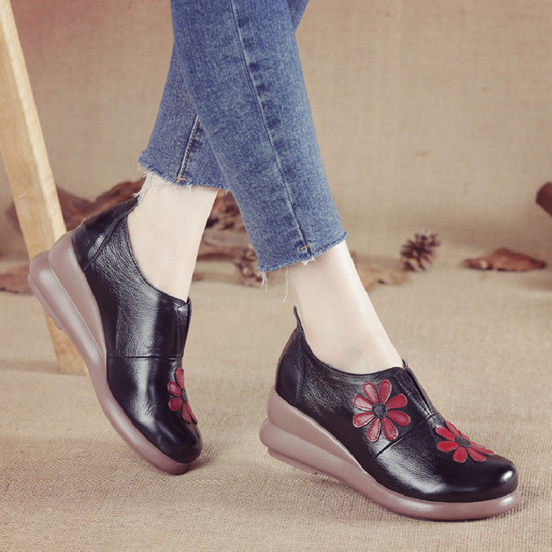 Leather Embroider Flower Wedges Loafers