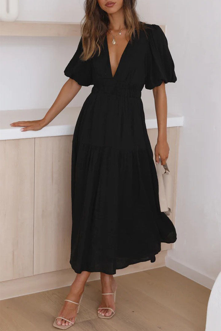 Lantern Sleeve V-neck Cinched Waist Midi Dress