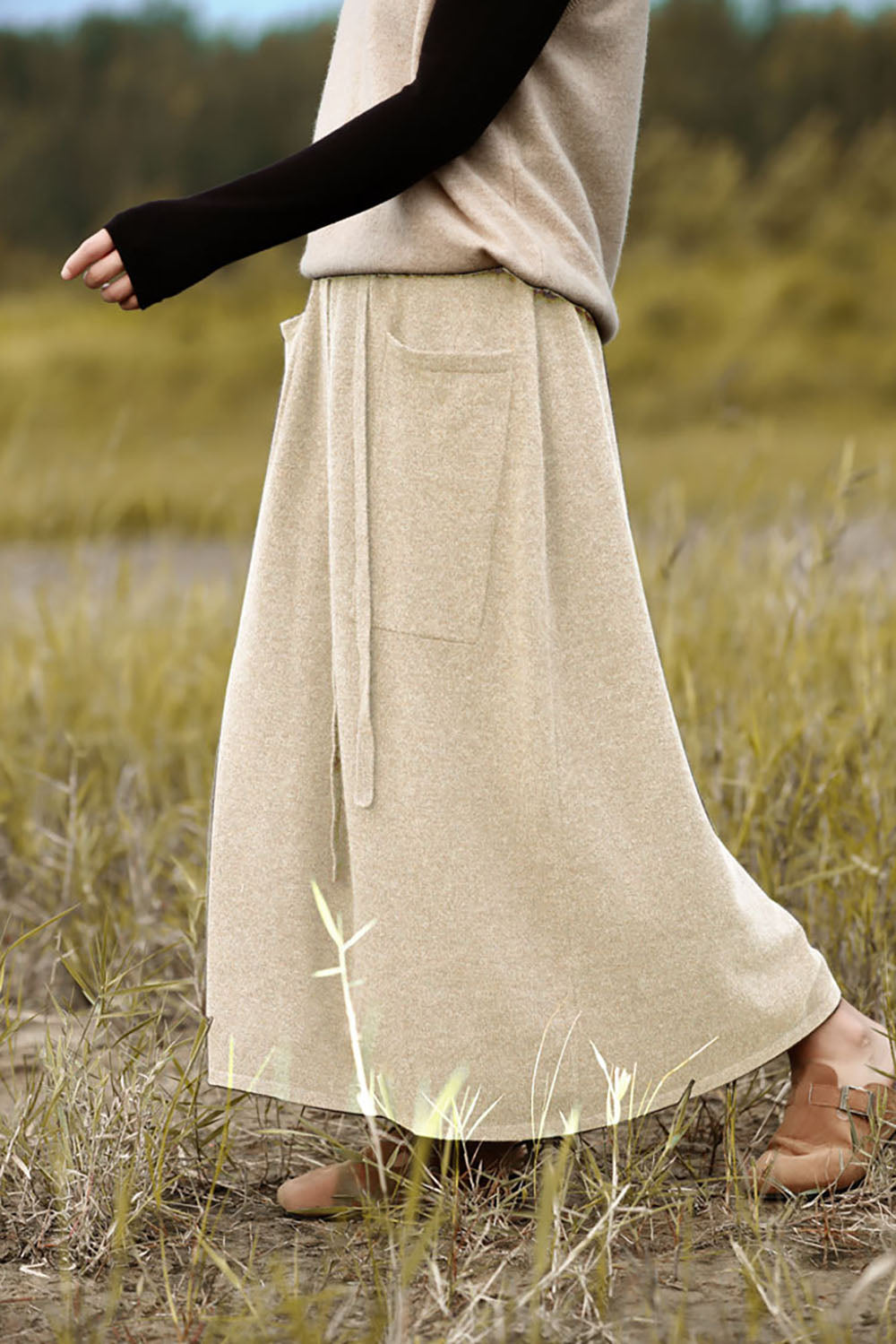 100% Pure Wool High-Waisted Pockets A-line Skirt