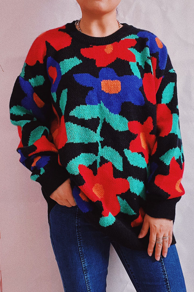 Blooming Flowers Crew Neck Loose Knit Sweater