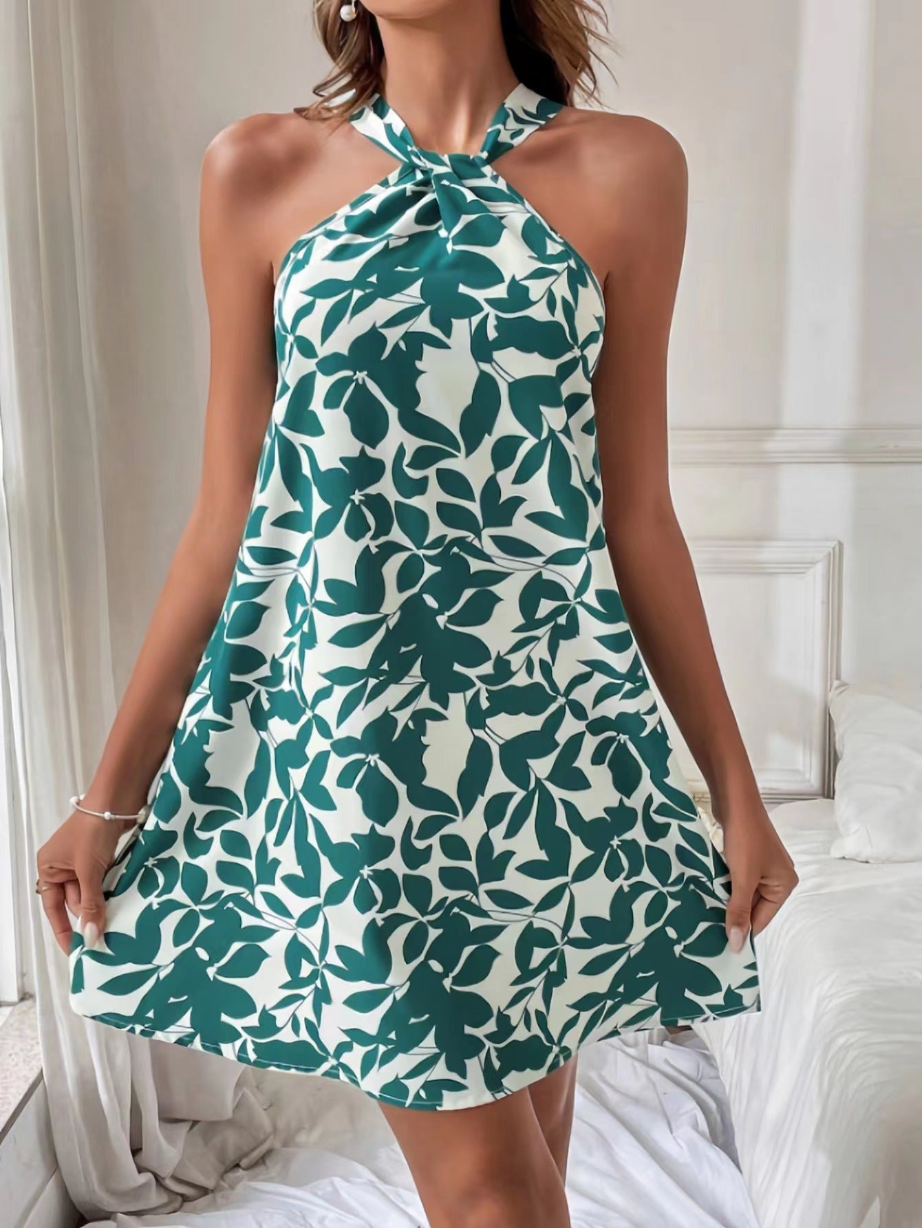 Leaf Print Sleeveless Ruffle Hem Overall Dress