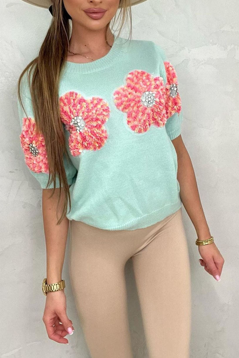 3D Patch Rhinestone Floral Short Sleeve Knit Top