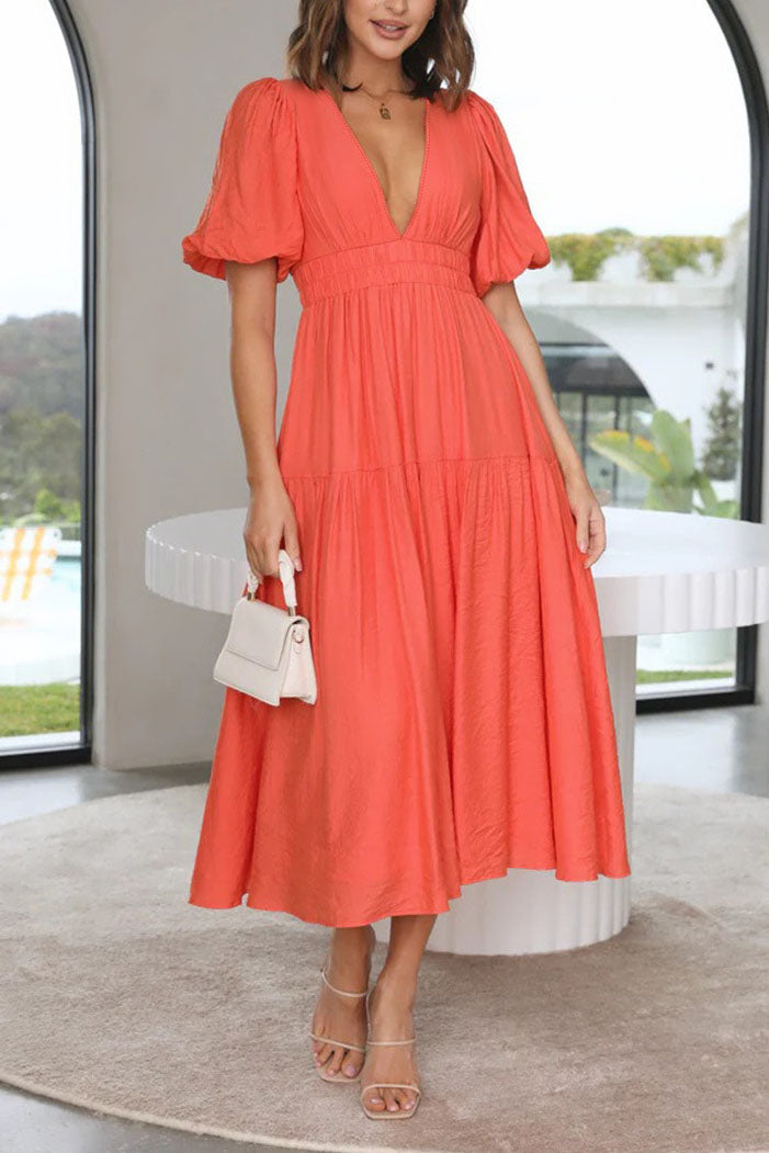 Lantern Sleeve V-neck Cinched Waist Midi Dress