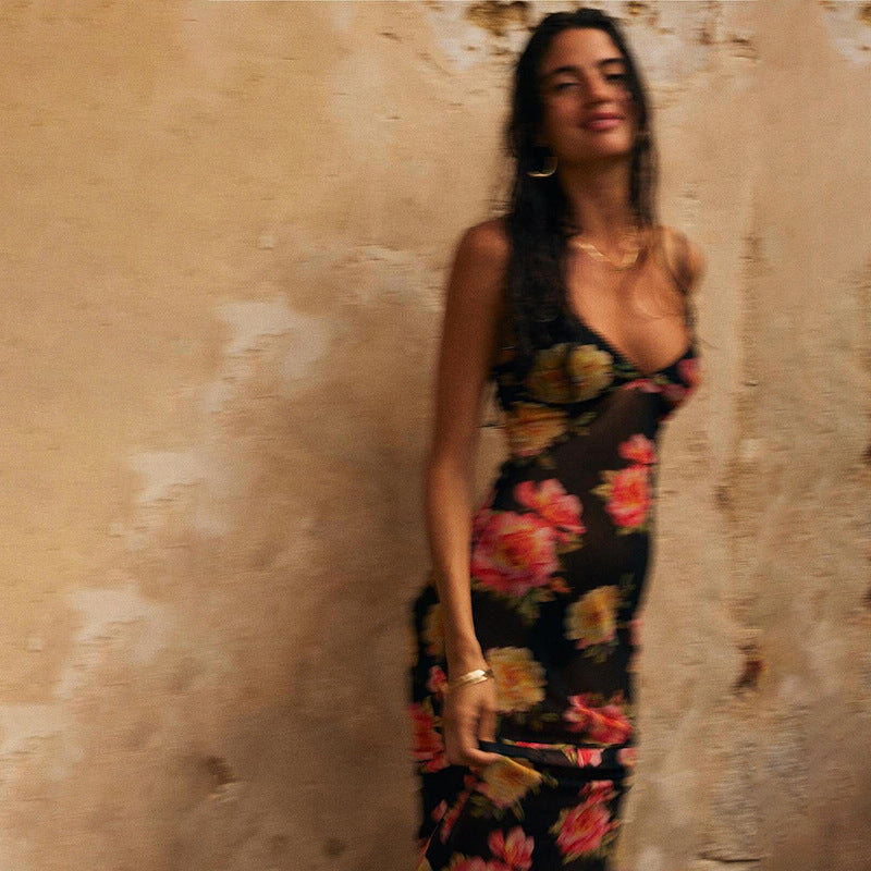 Miamor Floral Print Mesh Maxi Dress