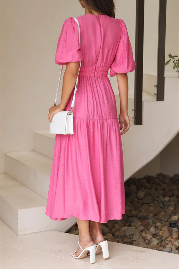 Lantern Sleeve V-neck Cinched Waist Midi Dress