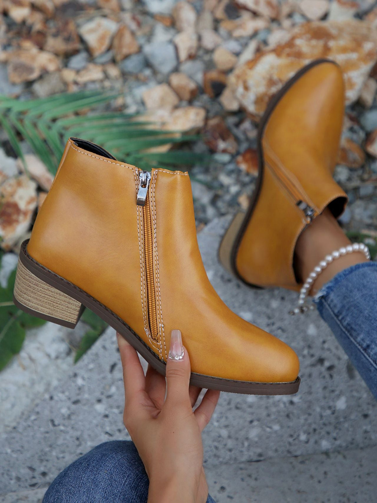 Asymmetric design zipper low thick heel chelsea boots