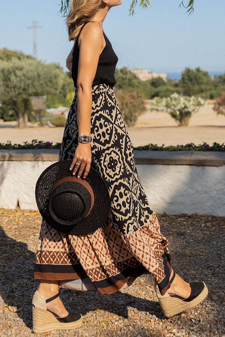 Bohemian Print Elastic Waist Vacation Midi Skirt