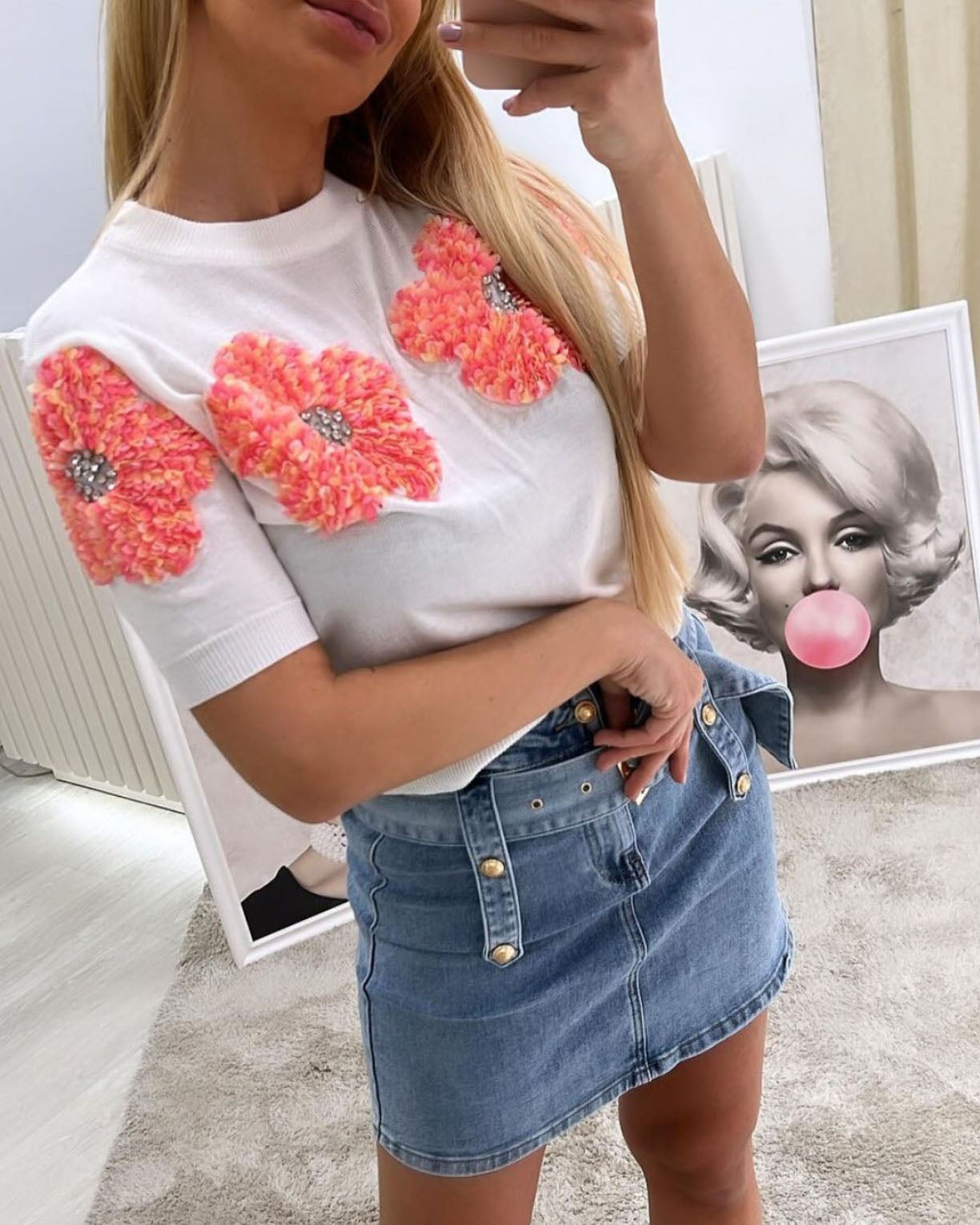 3D Patch Rhinestone Floral Short Sleeve Knit Top