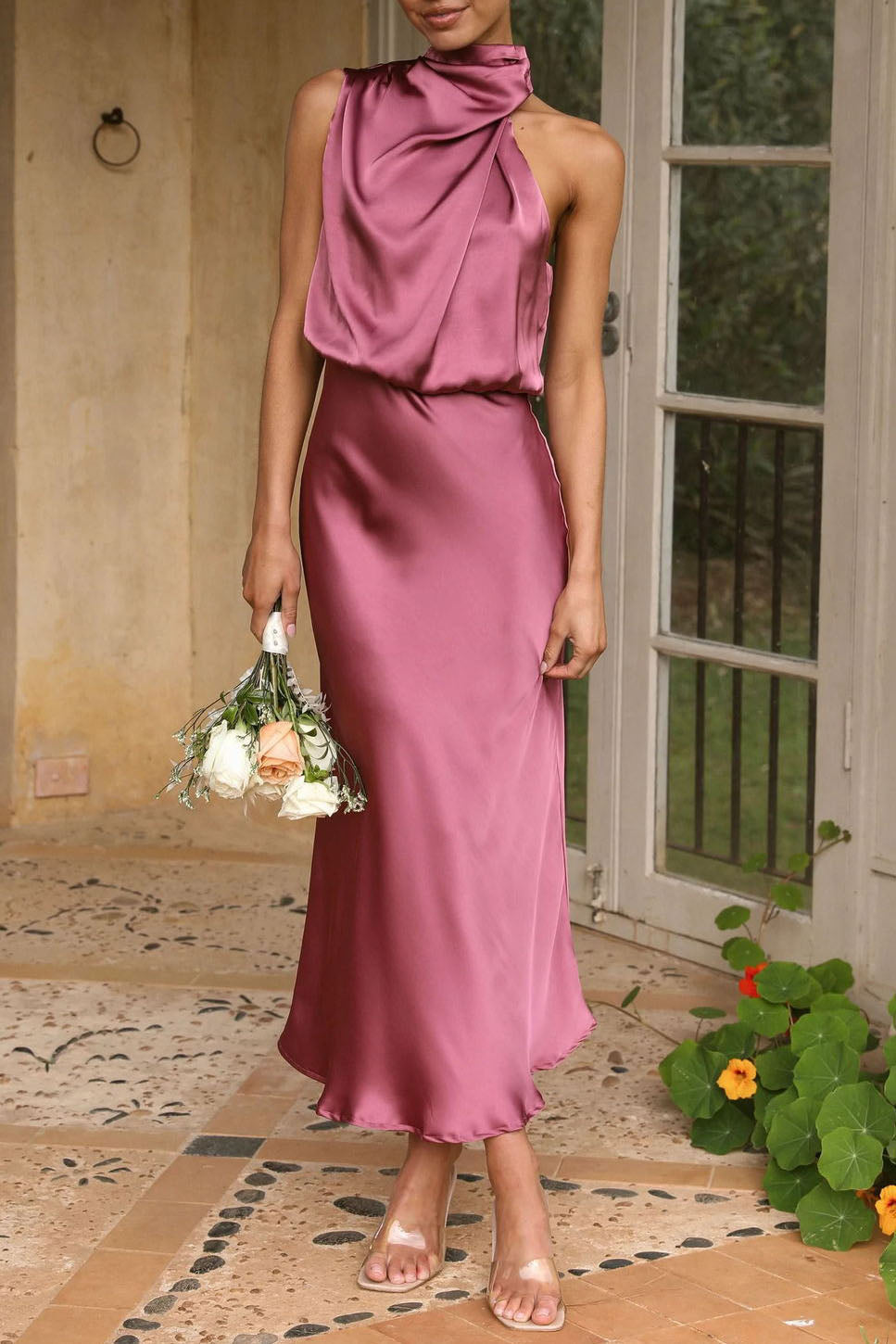 Asymmetric Sleeveless Halter Satin Dress