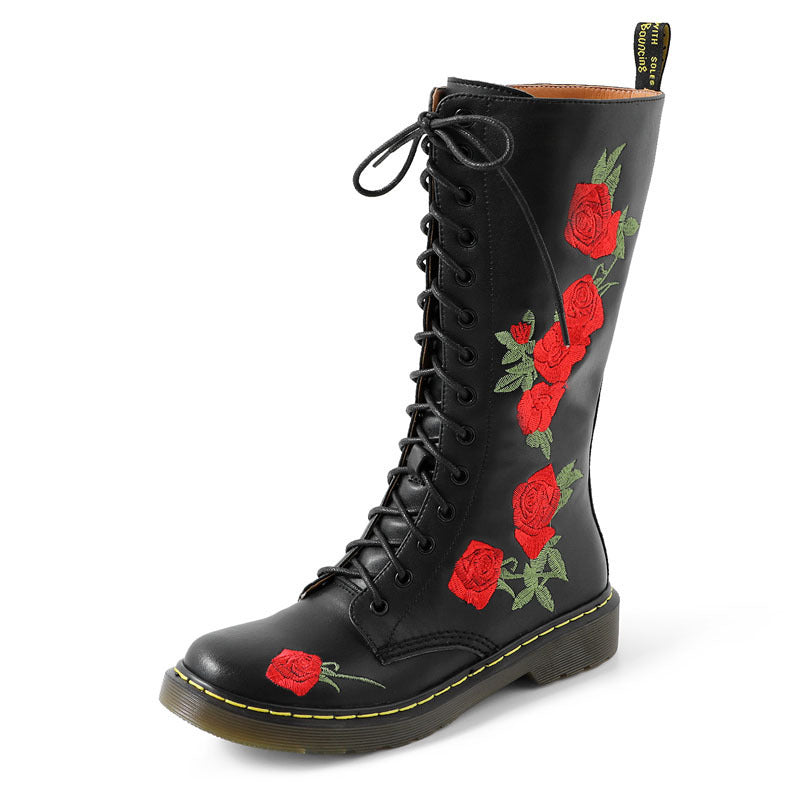 Lace-up embroidered mid-calf boots