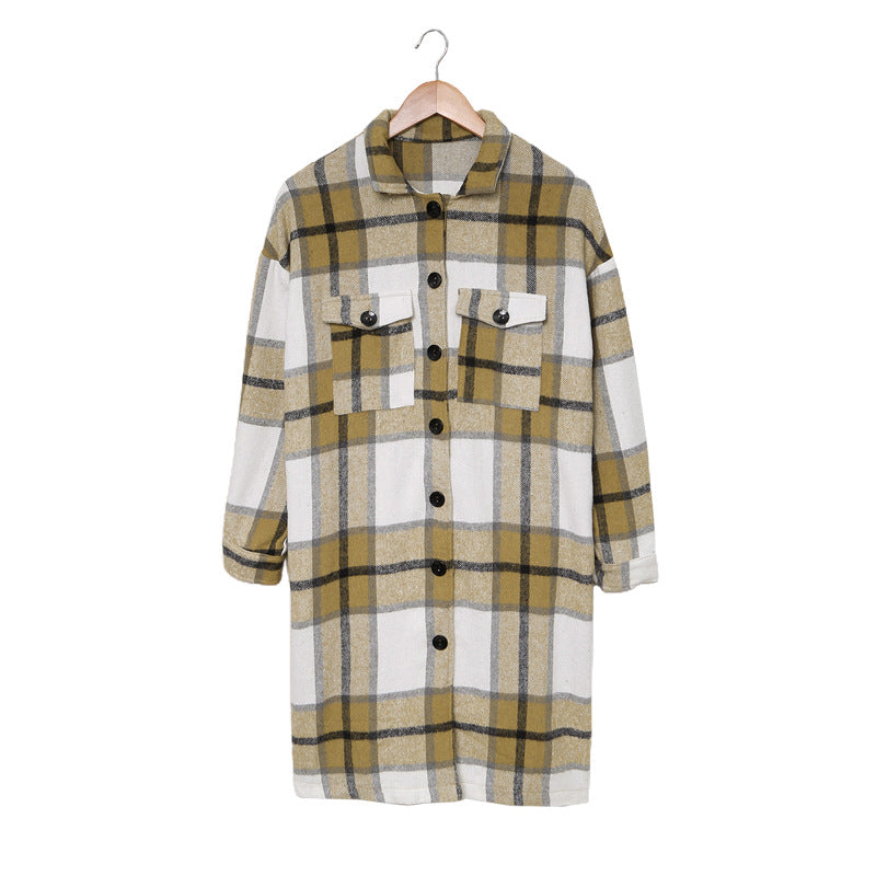 Lapel Knit Long casual Tweed Plaid Jacket