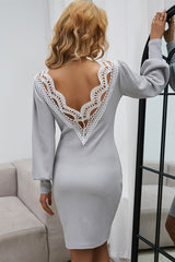 Lace Backless Puffy Sleeve Knit Dress